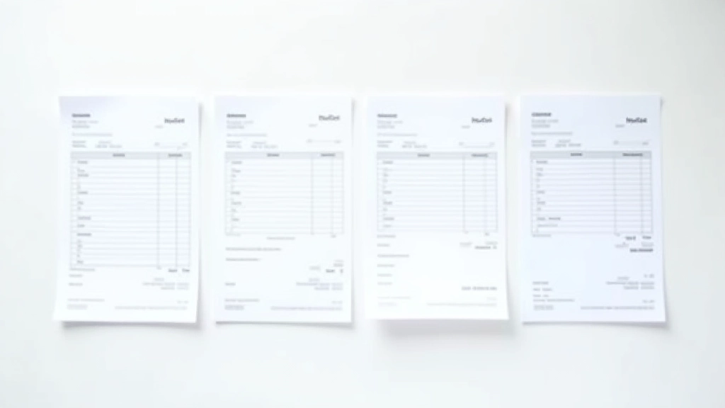 Four different invoice layouts displayed side by side showing standard printed format with blue header, custom-designed invoice with decorative elements, scanned physical invoice with shadows, and clean digital PDF format